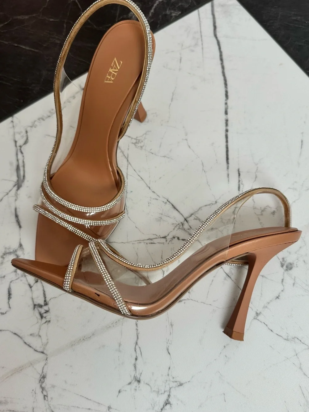 Zara Tan Pointed Slingback Heels with Crystal Straps